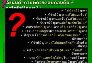 ดังนั้นคำถามที่ควรตอบก่อนคือ   “ อะไรคือปัญหา ? ” ไม่รู้ว่ามี ปัญหา รู้ว่ามีปัญหา แต่ไม่ยอมรับรู้ รับว่ามีปัญหาและรับรู้ แต่ไม่ยอมแก้ รับว่ามีปัญหา แต่เกี่ยงกัน ( ไม่ ) แก้ เจตนา กลบปัญหา   ( เพราะ ตัวเองกลัวปัญหา ) เจตนา กลบปัญหา ( เพราะ นายไม่ชอบปัญหา ) ปัญหาเรื้อรัง  แก้แล้วไม่หาย ก็เลยไม่แก้   ( แก้ปลายเหตุ ) รู้ว่ามีปัญหา แต่ไม่ยอมกล้าแก้   ( เข้าเนื้อเปล่าๆ ) มีปัญหาต้อง แก้เป็นทีม  ( ทีมแตกเรื่อย / ทีมมีปัญหาเอง ) ความ  รู้ด้านเทคนิคไม่พอ ในการแก้ปัญหา วิเคราะห์ หาสาเหตุ ของปัญหาไม่เป็น รู้ว่ามีปัญหาแต่ กำหนดไม่ถูกว่าอะไร คือปัญหา Padon 21/3/51 ? ? 