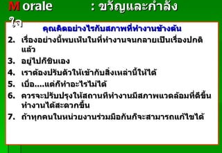 คุณคิดอย่างไรกับสภาพที่ทำงานข้างต้น เรื่องอย่างนี้พบเห็นในที่ทำงานจนกลายเป็นเรื่องปกติแล้ว อยู่ไปก็ชินเอง เราต้องปรับตัวให้เข้ากับสิ่งเหล่านี้ให้ได้ เบื่อ .... แต่ก็ทำอะไรไม่ได้ ควรจะปรับปรุงให้สถานทีทำงานมีสภาพแวดล้อมที่ดีขึ้น ทำงานได้สะดวกขึ้น ถ้าทุกคนในหน่วยงานร่วมมือกันก็จะสามารถแก้ไขได้ M   orale :   ขวัญและกำลังใจ Padon 21/3/51 