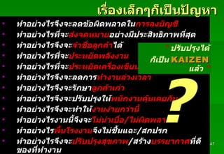 ทำอย่างไรจึงจะลดข้อผิดพลาดใน การลงบัญชี   ทำอย่างไรที่จะ ส่งจดหมาย อย่างมีประสิทธิภาพที่สุด  ทำอย่างไรจึงจะ จำชื่อลูกค้า ได้  ทำอย่างไรที่จะ ประหยัดพลังงาน   ทำอย่างไรที่จะ ประหยัดเครื่องเขียน ทำอย่างไรจึงจะลดการ ทำงานล่วงเวลา   ทำอย่างไรจึงจะรักษา ลูกค้าเก่า  ทำอย่างไรจึงจะปรับปรุงให้ พนักงานคุ้นเคยกับงาน ทำอย่างไรจึงจะทำให้ งานง่ายกว่านี้ ทำอย่างไรงานนี้จึงจะ ไม่น่าเบื่อ / ไม่ผิดพลาด ทำอย่างไร พื้นโรงงาน จึงไม่ชื้นแฉะ / สกปรก ทำอย่างไรจึงจะ ปรับปรุงสุขภาพ / สร้าง บรรยากาศ ที่ดีของที่ทำงาน ฯลฯ เรื่องเล็กๆก็เป็นปัญหา Padon 21/3/51 ? “   ปรับปรุงได้ ก็เป็น  KAIZEN   แล้ว   ” 