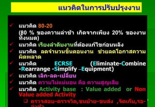 แนวคิด  80-20   (80 %  ของความล่าช้า เกิดจากเพียง  20%  ของงานทั้งหมด ) แนวคิด  เรียงลำดับงาน ที่ต้องแก้ไขก่อนหลัง แนวคิด  ลดจำนวนขั้นตอนงาน ช่วยลดโอกาสความผิดพลาด แนวคิด   ECRSE   ( E liminate- C ombine - R earrange - S implify  – E quipment) แนวคิด  เลิก - ลด - เปลี่ยน แนวคิด   ความไม่แน่นอน   คือ   ความสูญเสีย แนวคิด   Activity base   : Value added  or  Non Value added Activity   ตรวจสอบ - ตรวจวัด , ขนย้าย - ขนส่ง   , จัดเก็บ , รอ - ล่าช้า   แนวคิด   4ZERO  ( Defect  ,  Delay  ,  Inventory  ,  Accident  ) แนวคิด   5R  ( Man, Job, Tool, Time, Place) Padon 21/3/51 แนวคิดในการปรับปรุงงาน 