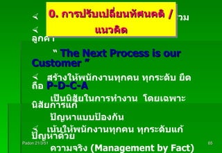 Padon 21/3/51 มุ่งเน้นการบริหารงานแบบมีส่วนร่วม มุ่งเน้นสร้างความพึงพอใจให้กับลูกค้า “  The Next Process is our Customer ”   สร้างให้พนักงานทุกคน ทุกระดับ ยืดถือ  P-D-C-A เป็นนิสัยในการทำงาน  โดยเฉพาะนิสัยการแก้ ปัญหาแบบป้องกัน เน้นให้พนักงานทุกคน ทุกระดับแก้ปัญหาด้วย ความจริง  (Management by Fact) 0.  การปรับเปลี่ยนทัศนคติ  /  แนวคิด 