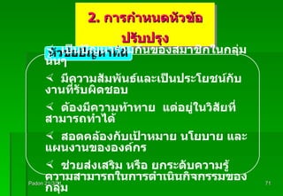 Padon 21/3/51 2.  การกำหนดหัวข้อปรับปรุง หัวข้อปัญหาที่ดี เป็นปัญหาร่วมกันของสมาชิกในกลุ่มนั้นๆ มีความสัมพันธ์และเป็นประโยชน์กับงานที่รับผิดชอบ ต้องมีความท้าทาย  แต่อยู่ในวิสัยที่สามารถทำได้ สอดคล้องกับเป้าหมาย นโยบาย และแผนงานขององค์กร ช่วยส่งเสริม หรือ ยกระดับความรู้ ความสามารถในการดำเนินกิจกรรมของกลุ่ม 