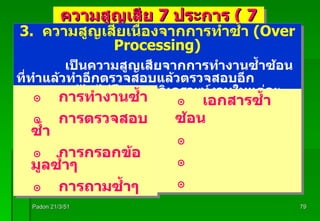 Padon 21/3/51 ความสูญเสีย  7  ประการ  ( 7 Wastes ) 3.  ความสูญเสียเนื่องจากการทำซ้ำ  (Over Processing)   เป็นความสูญเสียจากการทำงานซ้ำซ้อน  ที่ทำแล้วทำอีกตรวจสอบแล้วตรวจสอบอีก  สามารถแก้ไขได้โดยการวิเคราะห์งานในแต่ละกระบวนงาน การทำงานซ้ำ การตรวจสอบซ้ำ การกรอกข้อมูลซ้ำๆ การถามซ้ำๆ เอกสารซ้ำซ้อน 