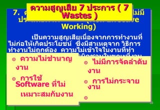Padon 21/3/51 7.  ความสูญเสียเนื่องจากการทำงานไม่มีประสิทธิภาพ  (Non Effective Working)   เป็นความสูญเสียเนื่องจากการทำงานที่ไม่ก่อให้เกิดประโยชน์  ซึ่งมีสาเหตุจาก วิธีการทำงานไม่ถูกต้อง  ความไม่เข้าใจในงานที่ทำ  ทำงานนอกเหนืองานที่รับผิดชอบในขณะที่งานตนเองยังรอทำอยู่  สามารถแก้ไขได้โดยการวิเคราะห์งาน ความไม่ชำนาญงาน การใช้  Software  ที่ไม่ เหมาะสมกับงาน  ความสูญเสีย  7  ประการ  ( 7 Wastes ) ไม่มีการจัดลำดับงาน การไม่กระจายงาน  