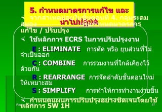 Padon 21/3/51 5 .  กำหนดมาตรการแก้ไข และ นำไปปฏิบัติ จากสาเหตุย่อยในขั้นตอนที่  4.  กลุ่มระดมสมอง  เพื่อกำหนดมาตรการแก้ไข  /  ปรับปรุง ใช้หลักการ  ECRS  ในการปรับปรุงงาน E  : ELIMINATE  การตัด หรือ ยุบส่วนที่ไม่จำเป็นออก C  : COMBINE  การรวมงานที่ใกล้เคียงไว้ด้วยกัน R  : REARRANGE  การจัดลำดับขั้นตอนใหม่ให้เหมาะสม S  : SIMPLIFY   การทำให้การทำงานง่ายขึ้น กำหนดแผนการปรับปรุงอย่างชัดเจนโดยใช้หลักการ  5W 1H  