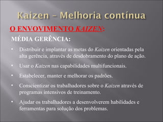 O ENVOVIMENTO  KAIZEN : MÉDIA GERÊNCIA: Distribuir e implantar as metas do  Kaizen  orientadas pela alta gerência, através de desdobramento do plano de ação. Usar o  Kaizen  nas capabilidades multifuncionais. Estabelecer, manter e melhorar os padrões. Conscientizar os trabalhadores sobre o  Kaizen  através de programas intensivos de treinamento. Ajudar os trabalhadores a desenvolverem habilidades e ferramentas para solução dos problemas. 