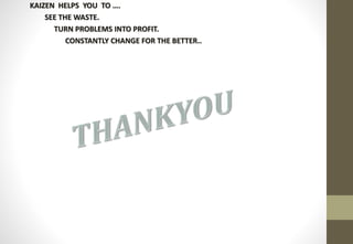 KAIZEN HELPS YOU TO ….
SEE THE WASTE.
TURN PROBLEMS INTO PROFIT.
CONSTANTLY CHANGE FOR THE BETTER..
 