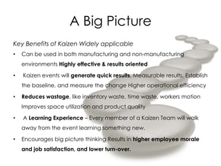 A Big Picture
Key Benefits of Kaizen Widely applicable
•   Can be used in both manufacturing and non-manufacturing
    environments Highly effective & results oriented

•   Kaizen events will generate quick results, Measurable results, Establish
    the baseline, and measure the change Higher operational efficiency

•   Reduces wastage, like inventory waste, time waste, workers motion
    Improves space utilization and product quality

•   A Learning Experience – Every member of a Kaizen Team will walk
    away from the event learning something new.

•   Encourages big picture thinking Results in higher employee morale
    and job satisfaction, and lower turn-over.
 