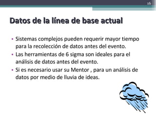 Sistemas complejos pueden requerir mayor tiempo para la recolección de datos antes del evento. Las herramientas de 6 sigma son ideales para el análisis de datos antes del evento. Si es necesario usar su Mentor , para un análisis de datos por medio de lluvia de ideas. Datos de la línea de base actual 