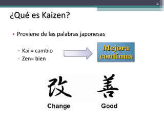 ¿Qué es Kaizen? Proviene de las palabras japonesas Kai = cambio Zen= bien Mejora continua 