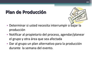 Plan de Producción Determinar si usted necesita interrumpir o bajar la producción Notificar al propietario del proceso, agendar/planear el grupo y otra área que sea afectada Dar al grupo un plan alternativo para la producción durante  la semana del evento. 