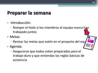 Preparar la semana Introducción: Romper el hielo si los miembros el equipo nunca han trabajado juntos Metas: Revisar las metas que estén en el proyecto del equipo Agenda: Asegurarse que todos esten preparados para el trabajo duro y que entiendas las reglas básicas de asistencia 