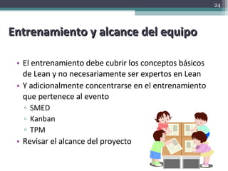 Entrenamiento y alcance del equipo El entrenamiento debe cubrir los conceptos básicos de Lean y no necesariamente ser expertos en Lean Y adicionalmente concentrarse en el entrenamiento que pertenece al evento SMED Kanban TPM Revisar el alcance del proyecto 