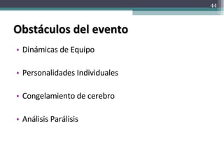 Obstáculos del evento Dinámicas de Equipo Personalidades Individuales Congelamiento de cerebro Análisis Parálisis 