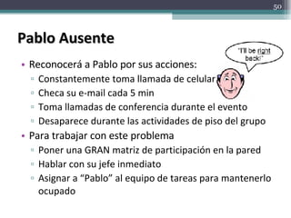 Pablo Ausente Reconocerá a Pablo por sus acciones: Constantemente toma llamada de celular Checa su e-mail cada 5 min Toma llamadas de conferencia durante el evento Desaparece durante las actividades de piso del grupo Para trabajar con este problema Poner una GRAN matriz de participación en la pared Hablar con su jefe inmediato Asignar a “Pablo” al equipo de tareas para mantenerlo ocupado 
