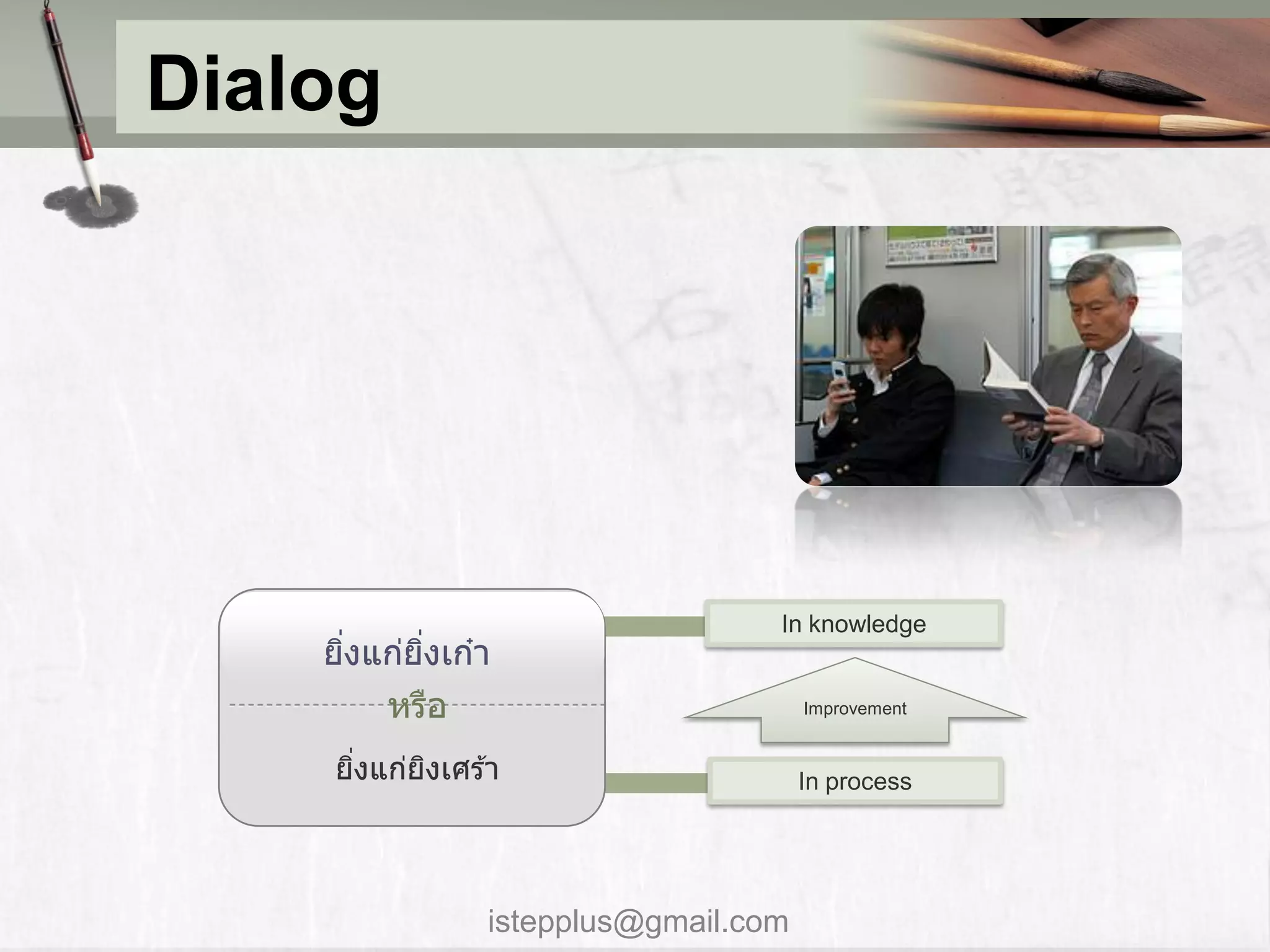 Dialog




                                  In knowledge
    ยิงแก่ยงเก๋ำ
      ่    ิ่
        หรือ                          Improvement


    ยิงแก่ยงเศร ้ำ
      ่    ิ                          In process




                istepplus@gmail.com
 