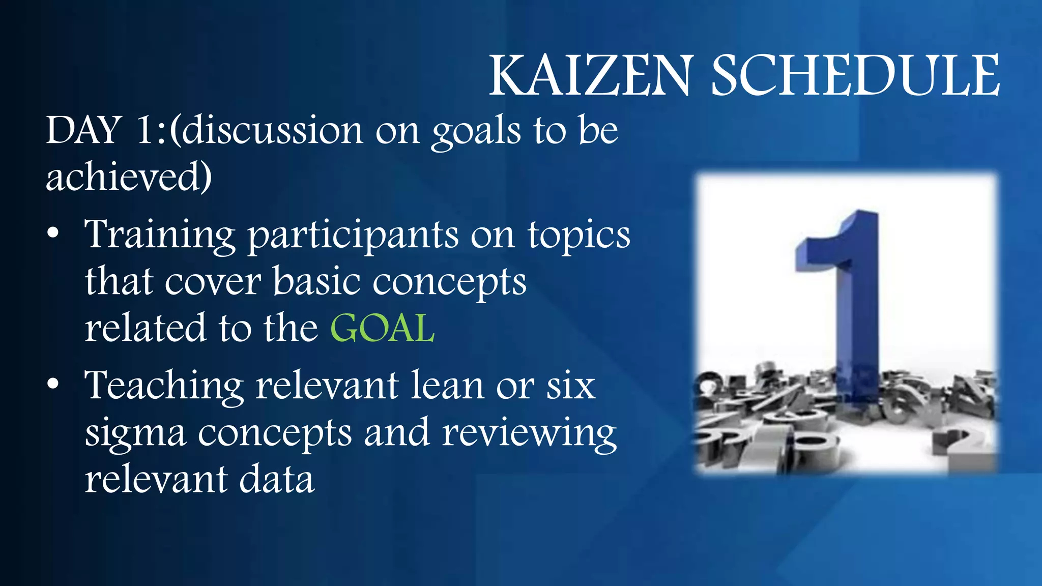 KAIZEN SCHEDULE
DAY 1:(discussion on goals to be
achieved)
• Training participants on topics
  that cover basic concepts
  related to the GOAL
• Teaching relevant lean or six
  sigma concepts and reviewing
  relevant data
 