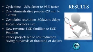 • Cycle time – 30% faster to 95% faster    RESULTS
• One administrative process-20 min to
  12 min
• Complaint resolution-30days to 8days
• Fiscal indicators +ve
• New revenue-USD 6million to USD
  9million
• Other projects led to cost reduction
  saving hundreds of thousand of dollars
 