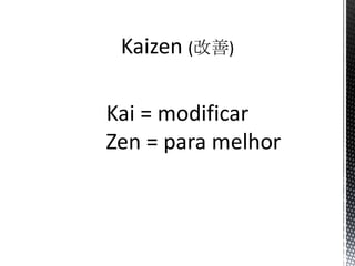 Kaizen (改善)
Kai = modificar
Zen = para melhor
 