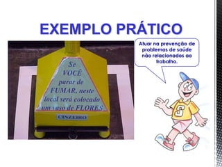 EXEMPLO PRÁTICO
Atuar na prevenção de
problemas de saúde
não relacionados ao
trabalho.
 