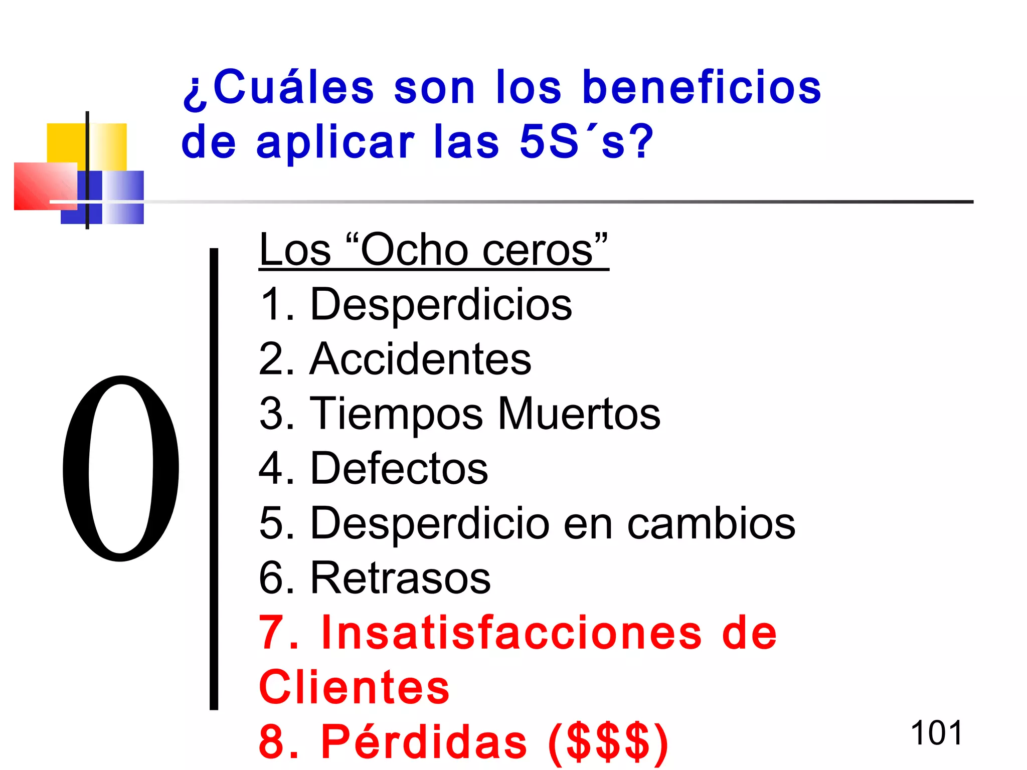 101
Los “Ocho ceros”
1. Desperdicios
2. Accidentes
3. Tiempos Muertos
4. Defectos
5. Desperdicio en cambios
6. Retrasos
7. Insatisfacciones de
Clientes
8. Pérdidas ($$$)
0
¿Cuáles son los beneficios
de aplicar las 5S´s?
 