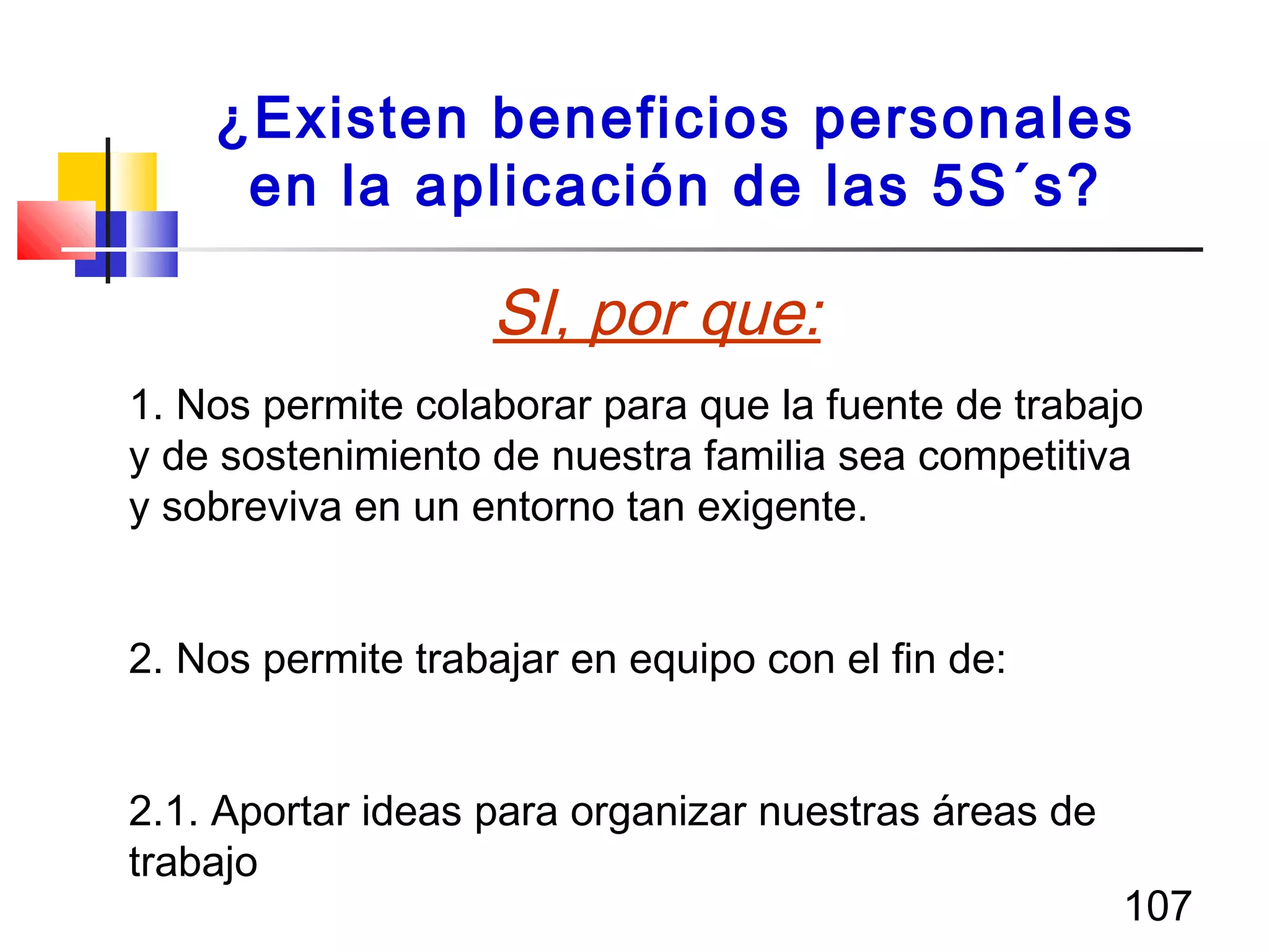 107
¿Existen beneficios personales
en la aplicación de las 5S´s?
1. Nos permite colaborar para que la fuente de trabajo
y de sostenimiento de nuestra familia sea competitiva
y sobreviva en un entorno tan exigente.
2. Nos permite trabajar en equipo con el fin de:
2.1. Aportar ideas para organizar nuestras áreas de
trabajo
SI, por que:
 