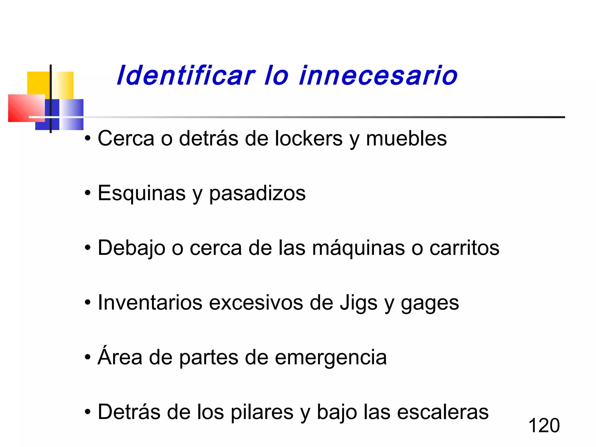 120
• Cerca o detrás de lockers y muebles
• Esquinas y pasadizos
• Debajo o cerca de las máquinas o carritos
• Inventarios excesivos de Jigs y gages
• Área de partes de emergencia
• Detrás de los pilares y bajo las escaleras
Identificar lo innecesario
 
