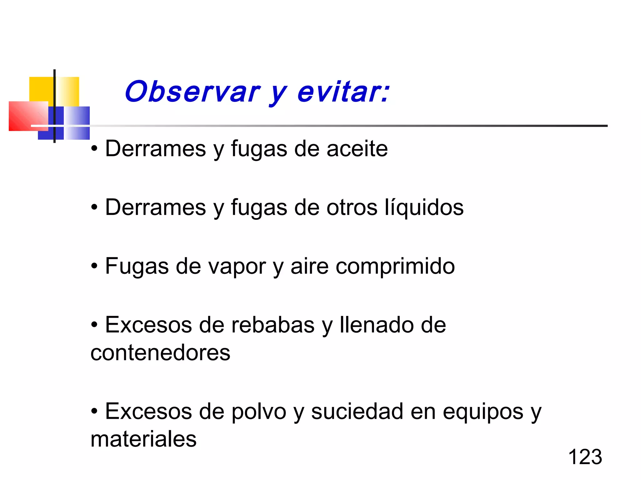 123
• Derrames y fugas de aceite
• Derrames y fugas de otros líquidos
• Fugas de vapor y aire comprimido
• Excesos de rebabas y llenado de
contenedores
• Excesos de polvo y suciedad en equipos y
materiales
Observar y evitar:
 