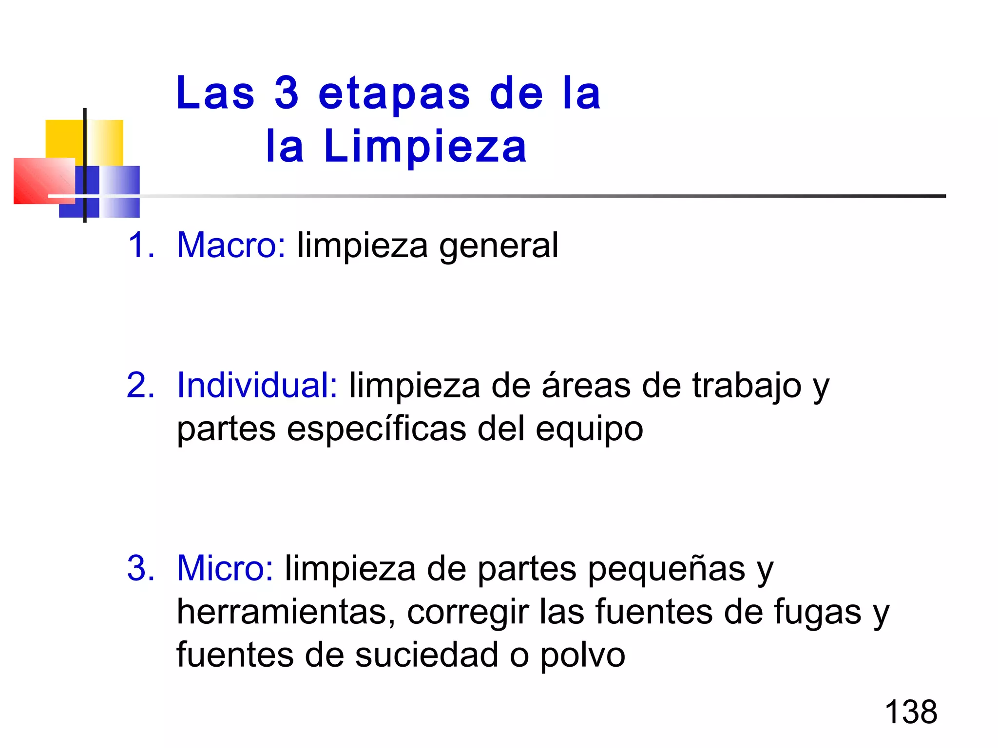 138
1. Macro: limpieza general
2. Individual: limpieza de áreas de trabajo y
partes específicas del equipo
3. Micro: limpieza de partes pequeñas y
herramientas, corregir las fuentes de fugas y
fuentes de suciedad o polvo
Las 3 etapas de la
la Limpieza
 