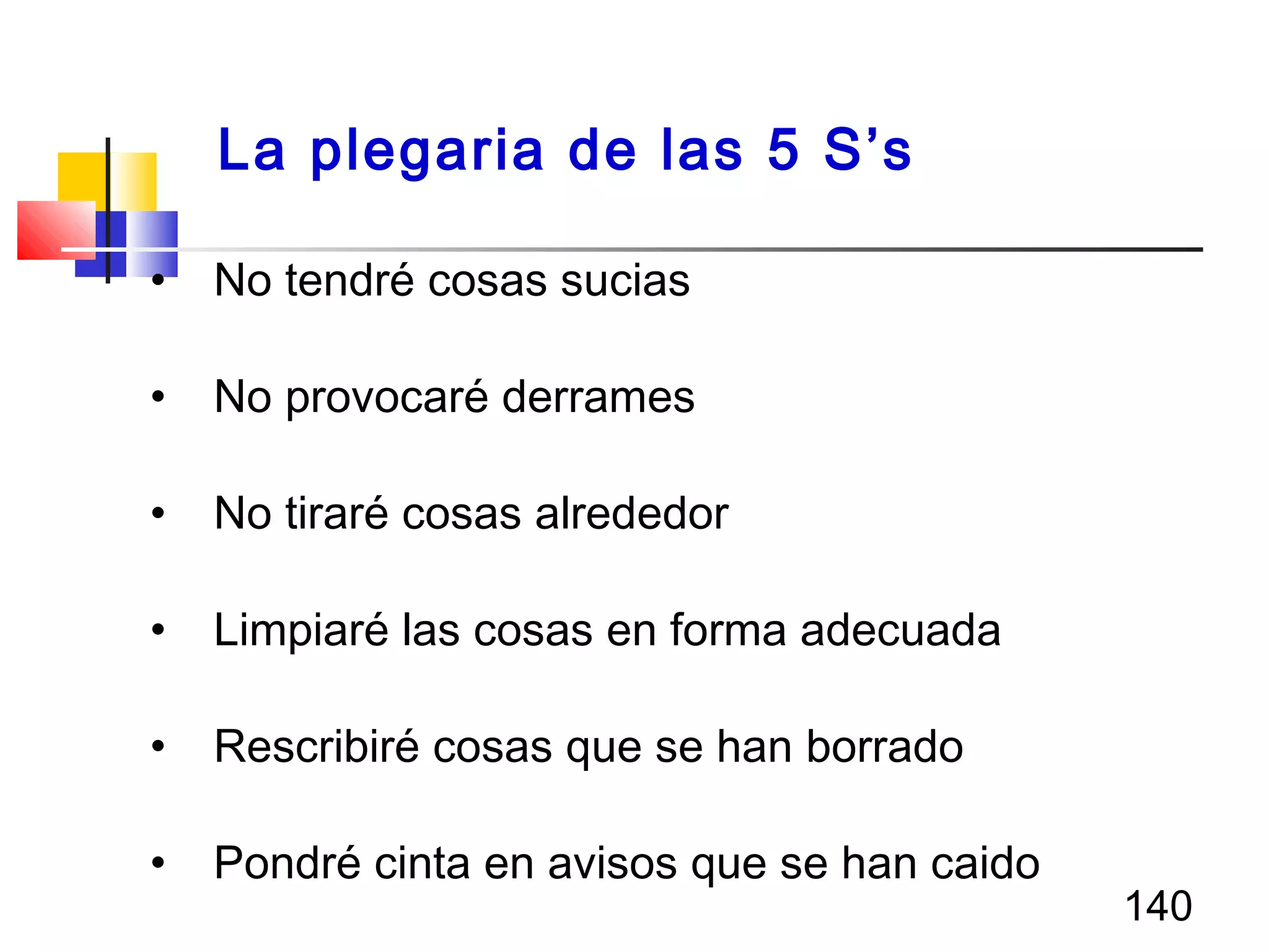 140
• No tendré cosas sucias
• No provocaré derrames
• No tiraré cosas alrededor
• Limpiaré las cosas en forma adecuada
• Rescribiré cosas que se han borrado
• Pondré cinta en avisos que se han caido
La plegaria de las 5 S’s
 