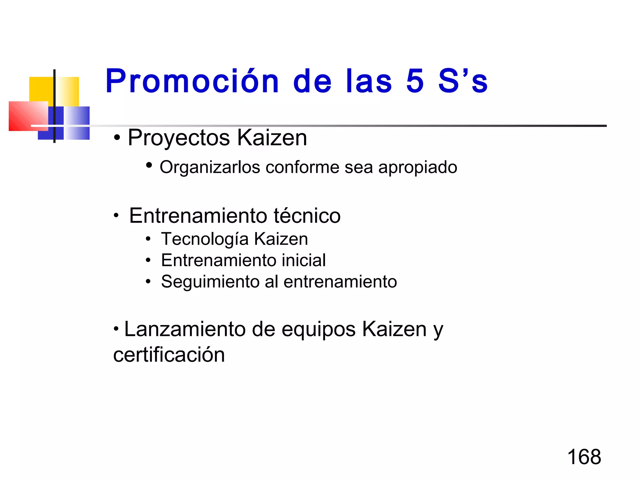 168
• Proyectos Kaizen
• Organizarlos conforme sea apropiado
• Entrenamiento técnico
• Tecnología Kaizen
• Entrenamiento inicial
• Seguimiento al entrenamiento
• Lanzamiento de equipos Kaizen y
certificación
Promoción de las 5 S’s
 