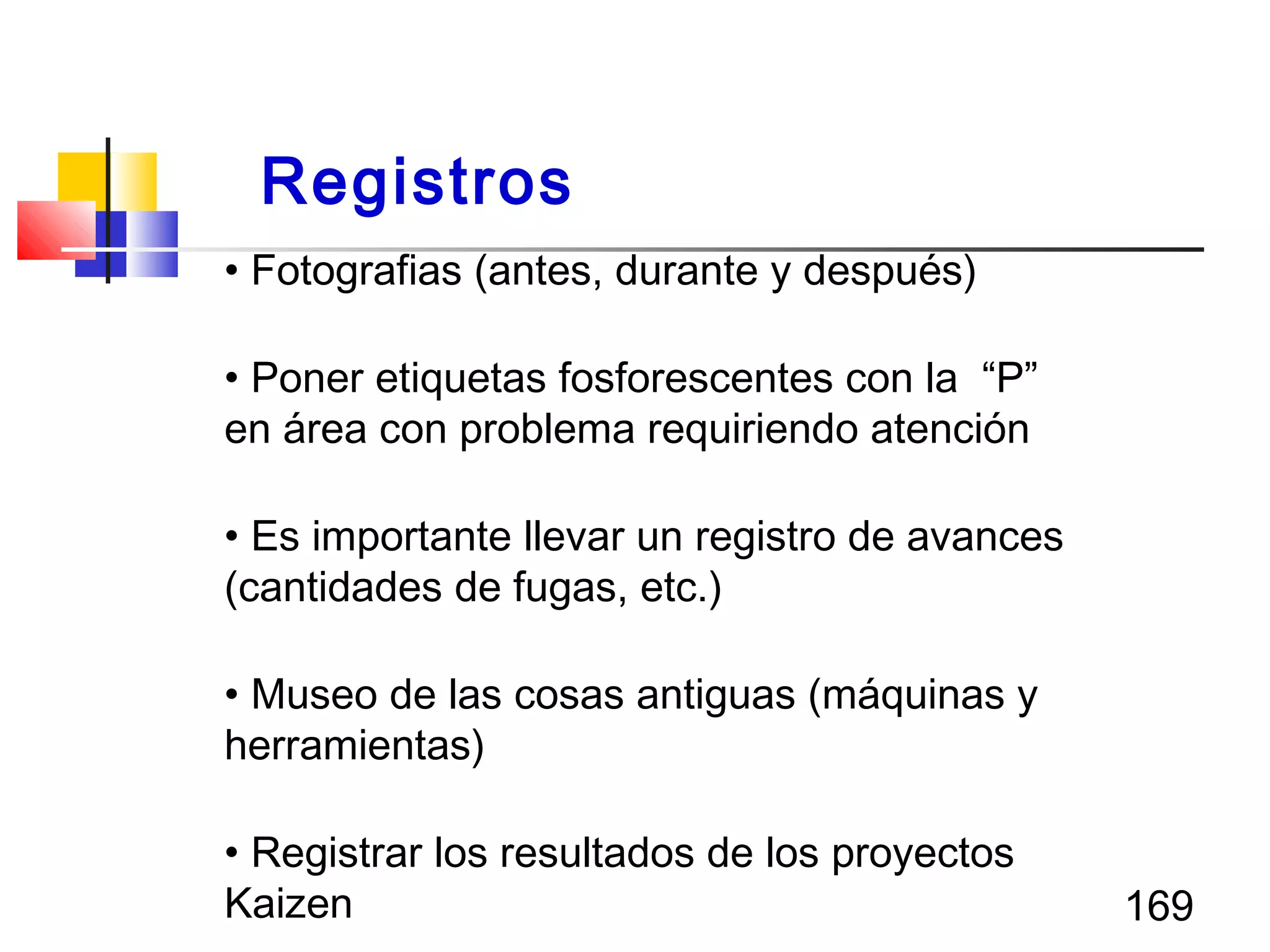 169
• Fotografias (antes, durante y después)
• Poner etiquetas fosforescentes con la “P”
en área con problema requiriendo atención
• Es importante llevar un registro de avances
(cantidades de fugas, etc.)
• Museo de las cosas antiguas (máquinas y
herramientas)
• Registrar los resultados de los proyectos
Kaizen
Registros
 