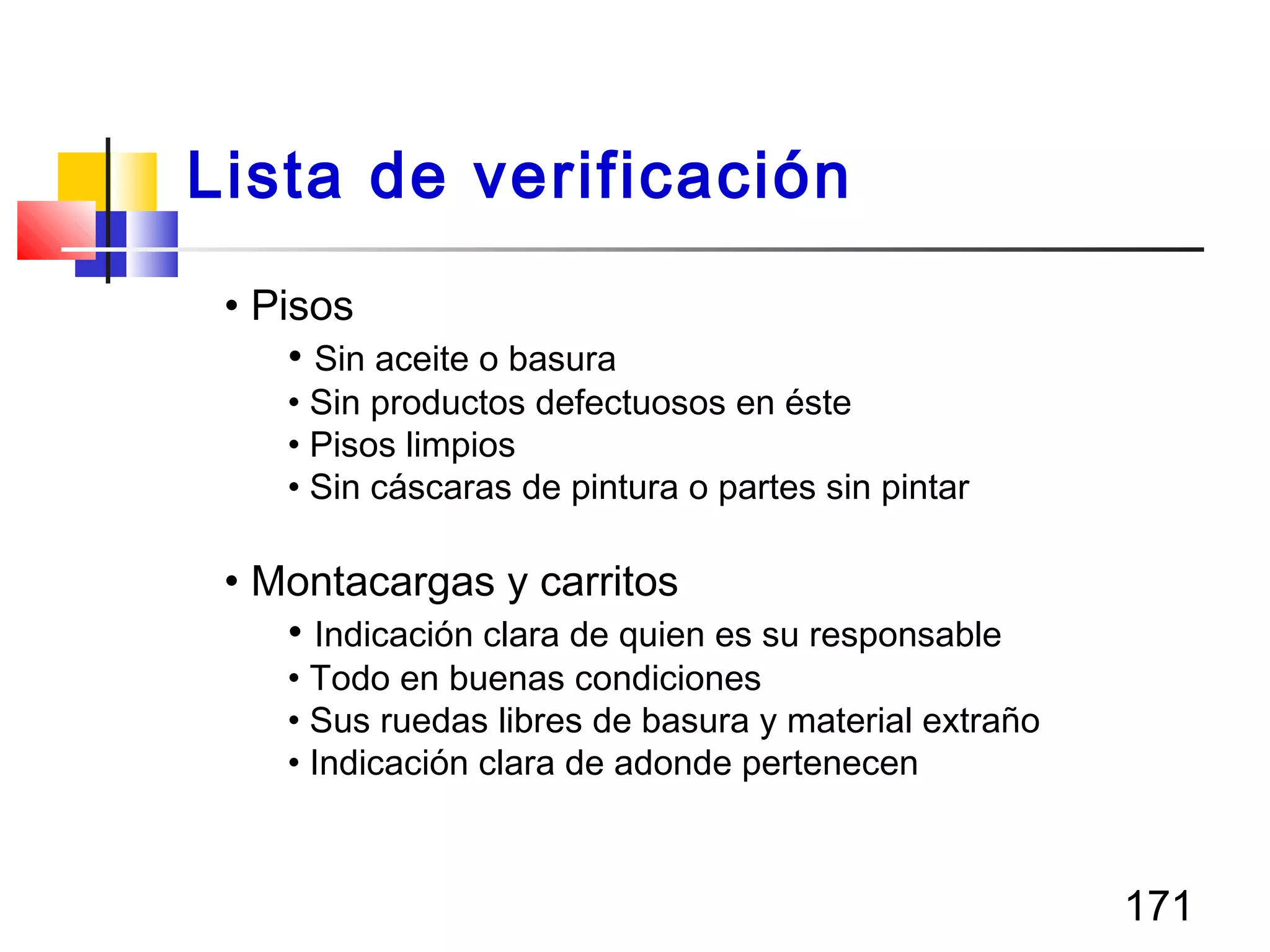 171
• Pisos
• Sin aceite o basura
• Sin productos defectuosos en éste
• Pisos limpios
• Sin cáscaras de pintura o partes sin pintar
• Montacargas y carritos
• Indicación clara de quien es su responsable
• Todo en buenas condiciones
• Sus ruedas libres de basura y material extraño
• Indicación clara de adonde pertenecen
Lista de verificación
 
