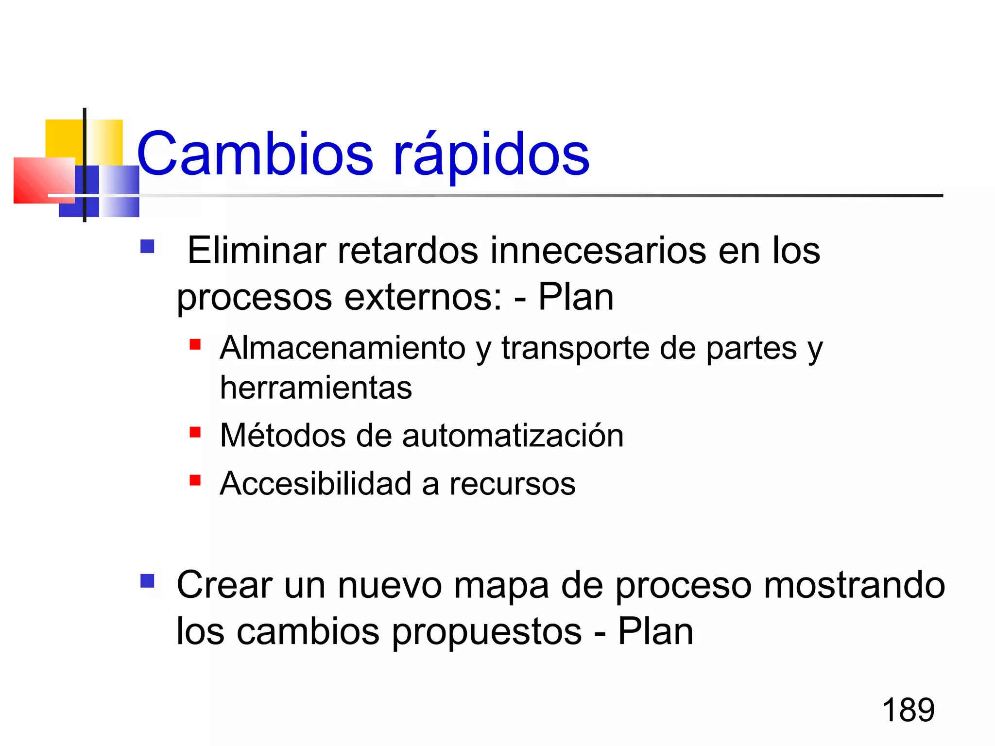 189
Cambios rápidos
 Eliminar retardos innecesarios en los
procesos externos: - Plan
 Almacenamiento y transporte de partes y
herramientas
 Métodos de automatización
 Accesibilidad a recursos
 Crear un nuevo mapa de proceso mostrando
los cambios propuestos - Plan
 