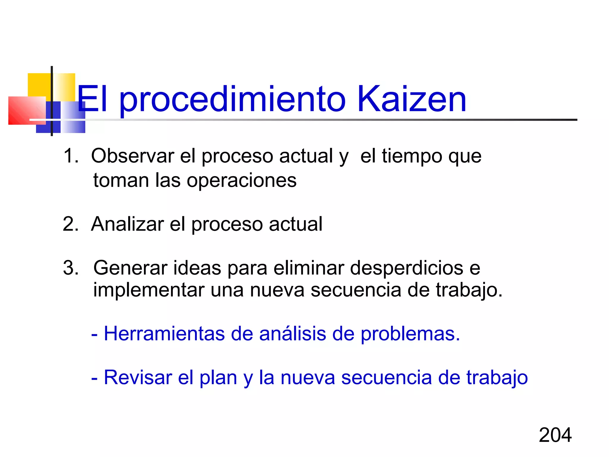 204
1. Observar el proceso actual y el tiempo que
toman las operaciones
2. Analizar el proceso actual
3. Generar ideas para eliminar desperdicios e
implementar una nueva secuencia de trabajo.
- Herramientas de análisis de problemas.
- Revisar el plan y la nueva secuencia de trabajo
El procedimiento Kaizen
 