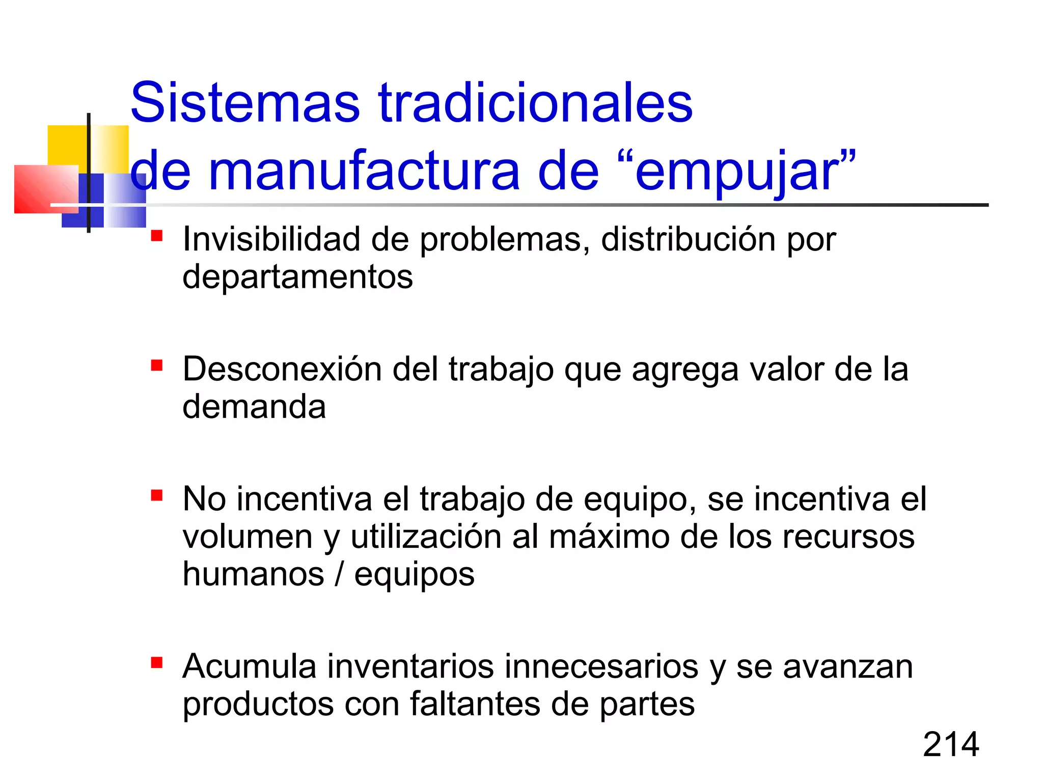 214
Sistemas tradicionales
de manufactura de “empujar”
 Invisibilidad de problemas, distribución por
departamentos
 Desconexión del trabajo que agrega valor de la
demanda
 No incentiva el trabajo de equipo, se incentiva el
volumen y utilización al máximo de los recursos
humanos / equipos
 Acumula inventarios innecesarios y se avanzan
productos con faltantes de partes
 