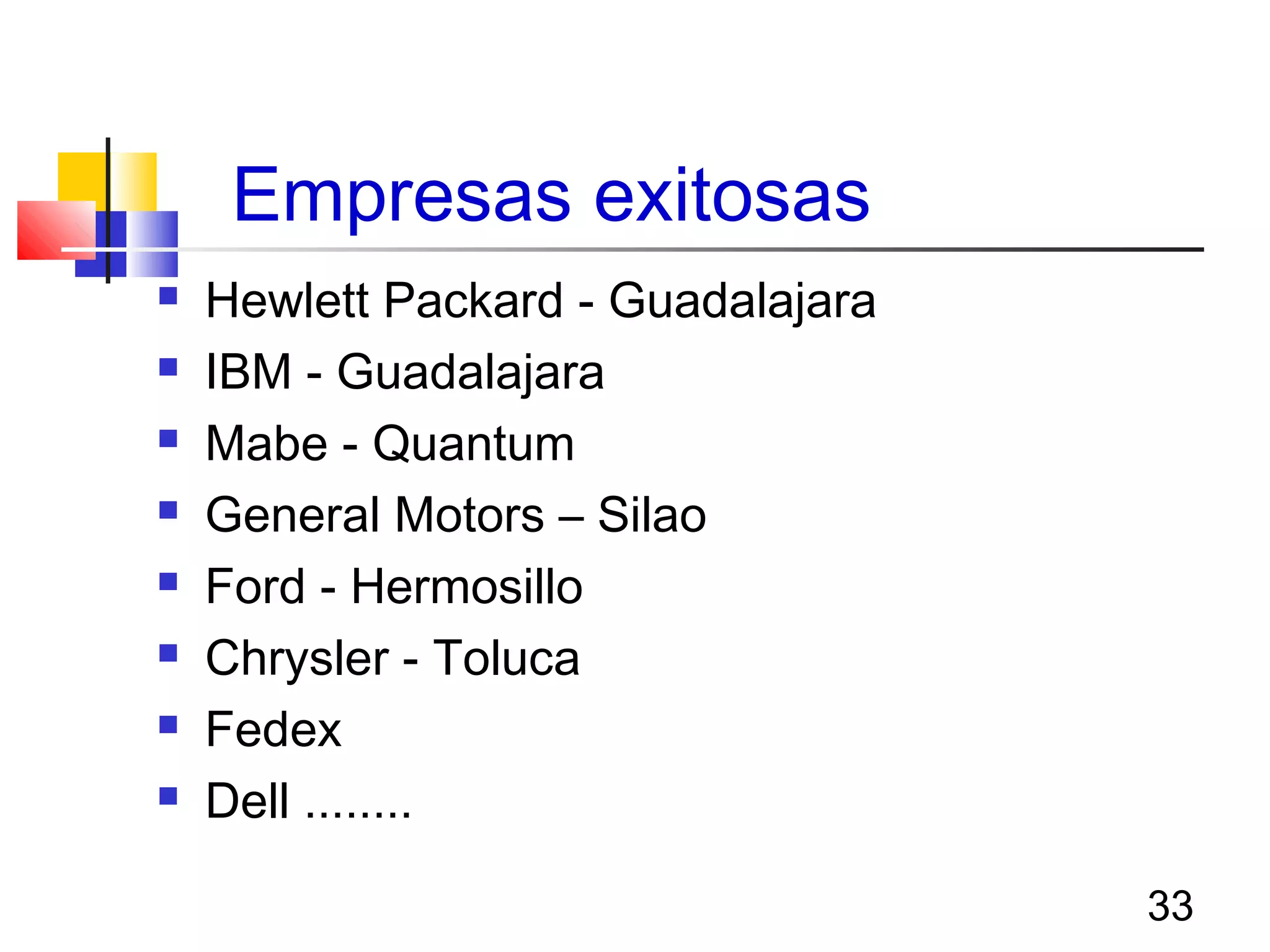 33
Empresas exitosas
 Hewlett Packard - Guadalajara
 IBM - Guadalajara
 Mabe - Quantum
 General Motors – Silao
 Ford - Hermosillo
 Chrysler - Toluca
 Fedex
 Dell ........
 