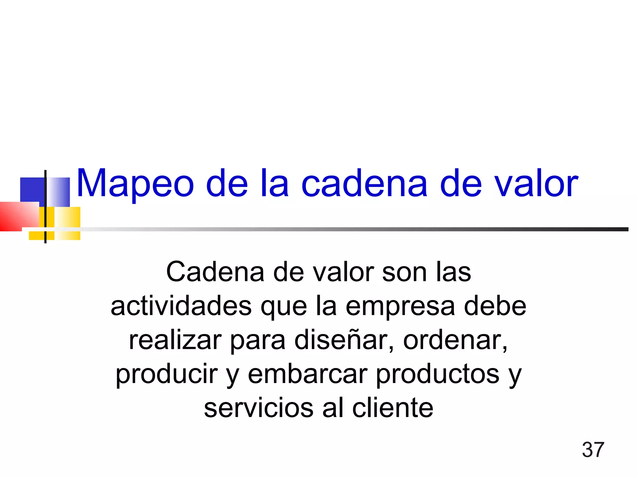 37
Mapeo de la cadena de valor
Cadena de valor son las
actividades que la empresa debe
realizar para diseñar, ordenar,
producir y embarcar productos y
servicios al cliente
 
