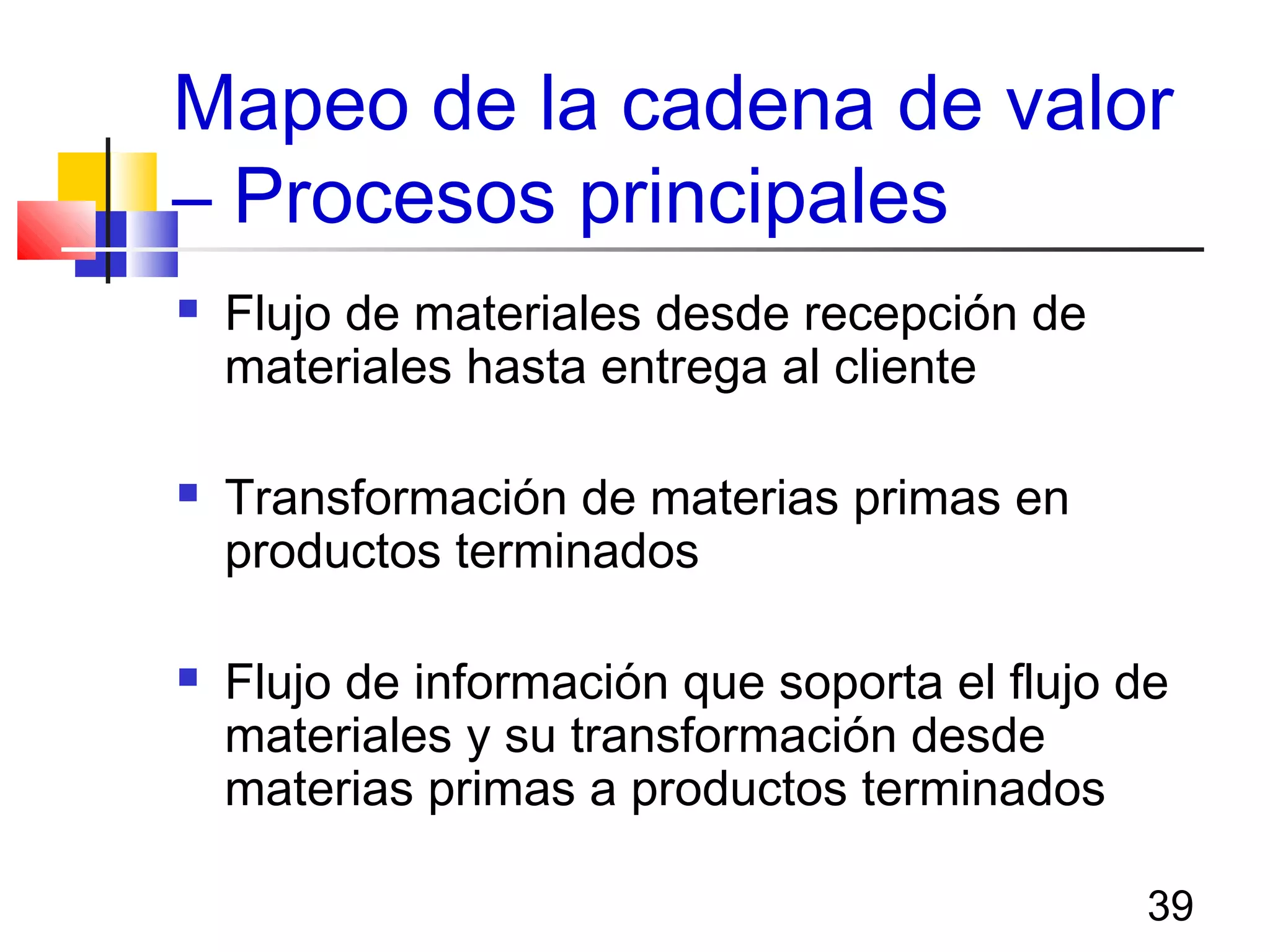 39
Mapeo de la cadena de valor
– Procesos principales
 Flujo de materiales desde recepción de
materiales hasta entrega al cliente
 Transformación de materias primas en
productos terminados
 Flujo de información que soporta el flujo de
materiales y su transformación desde
materias primas a productos terminados
 