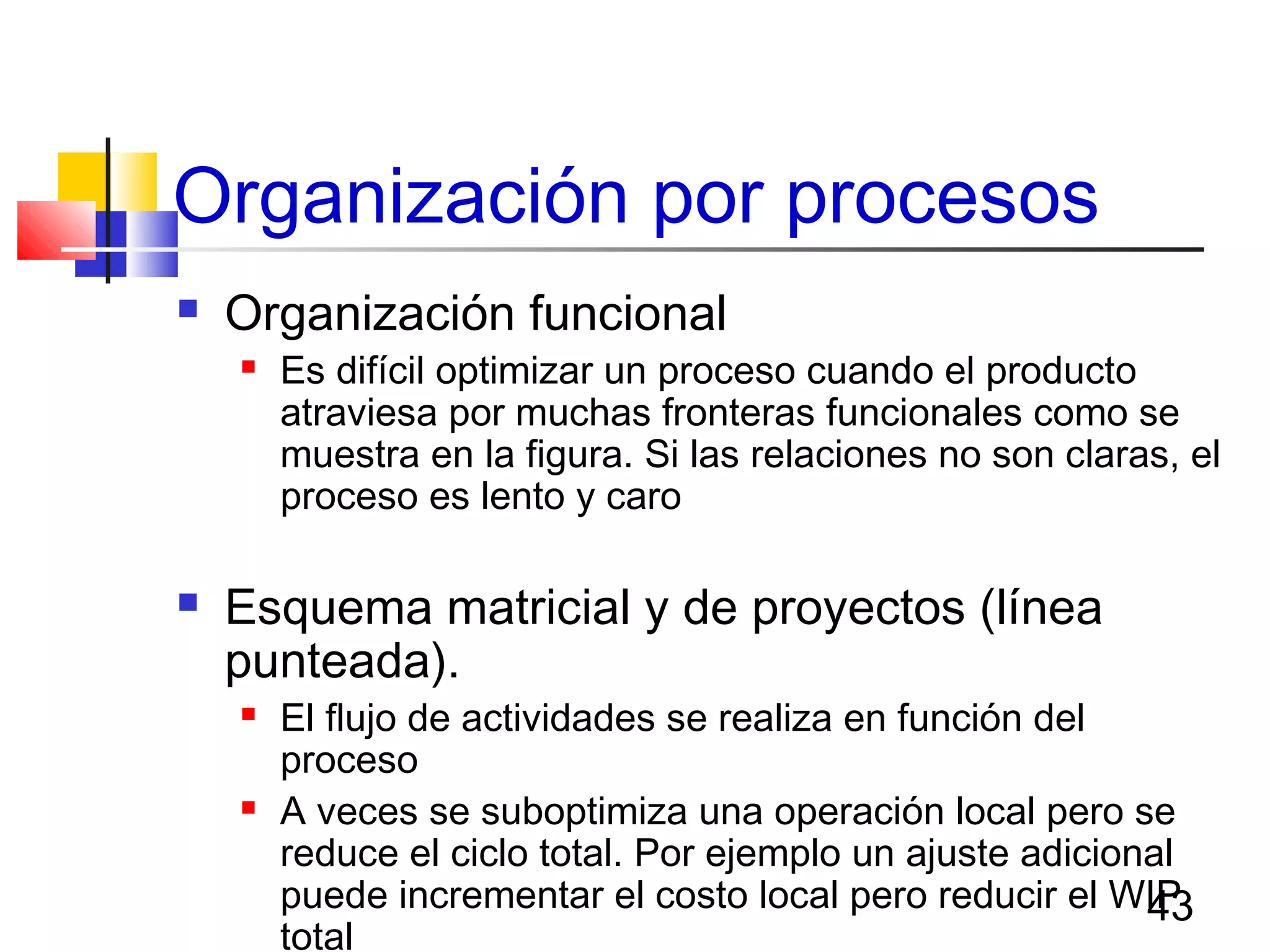 43
Organización por procesos
 Organización funcional
 Es difícil optimizar un proceso cuando el producto
atraviesa por muchas fronteras funcionales como se
muestra en la figura. Si las relaciones no son claras, el
proceso es lento y caro
 Esquema matricial y de proyectos (línea
punteada).
 El flujo de actividades se realiza en función del
proceso
 A veces se suboptimiza una operación local pero se
reduce el ciclo total. Por ejemplo un ajuste adicional
puede incrementar el costo local pero reducir el WIP
total
 