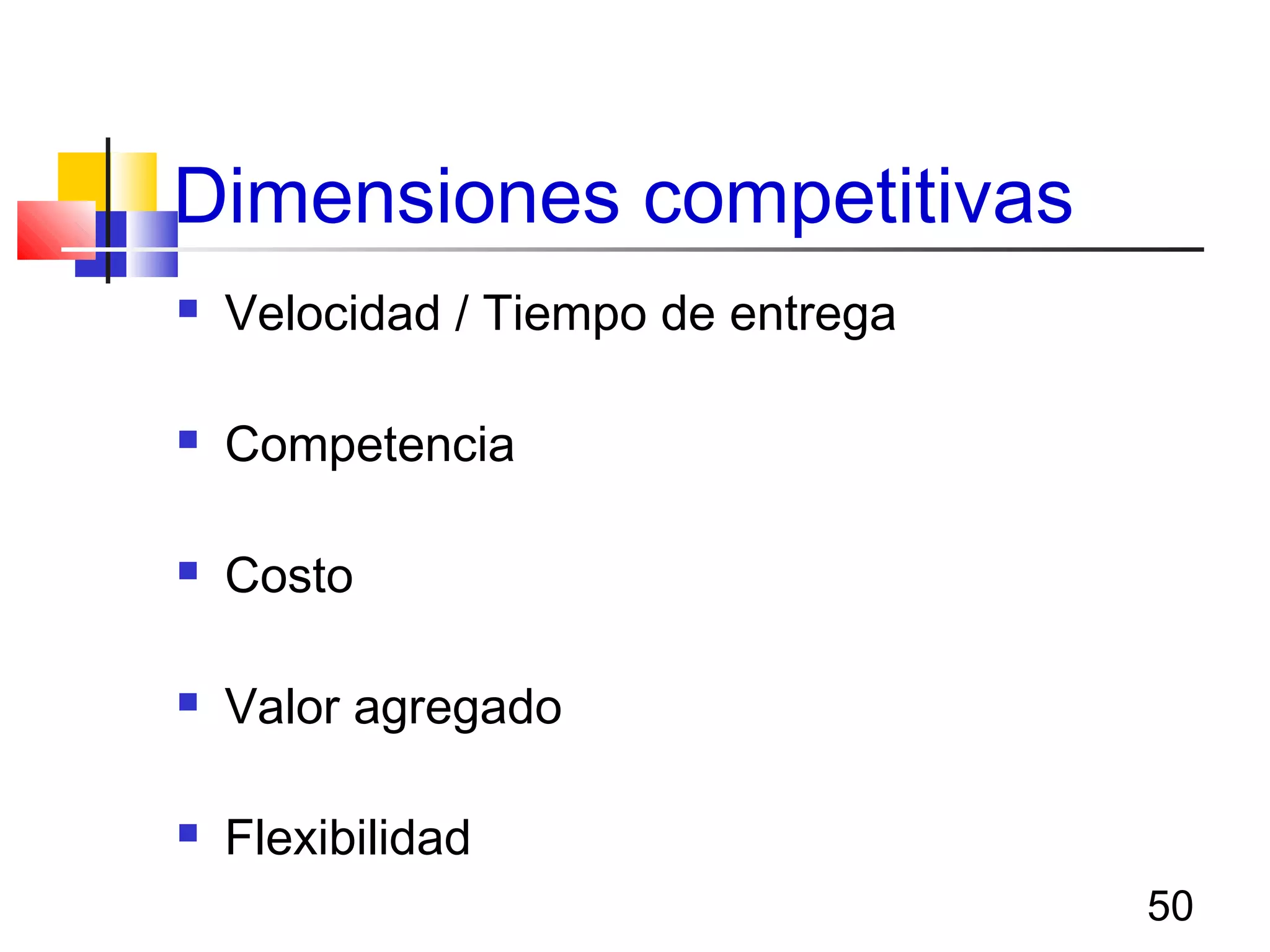 50
Dimensiones competitivas
 Velocidad / Tiempo de entrega
 Competencia
 Costo
 Valor agregado
 Flexibilidad
 