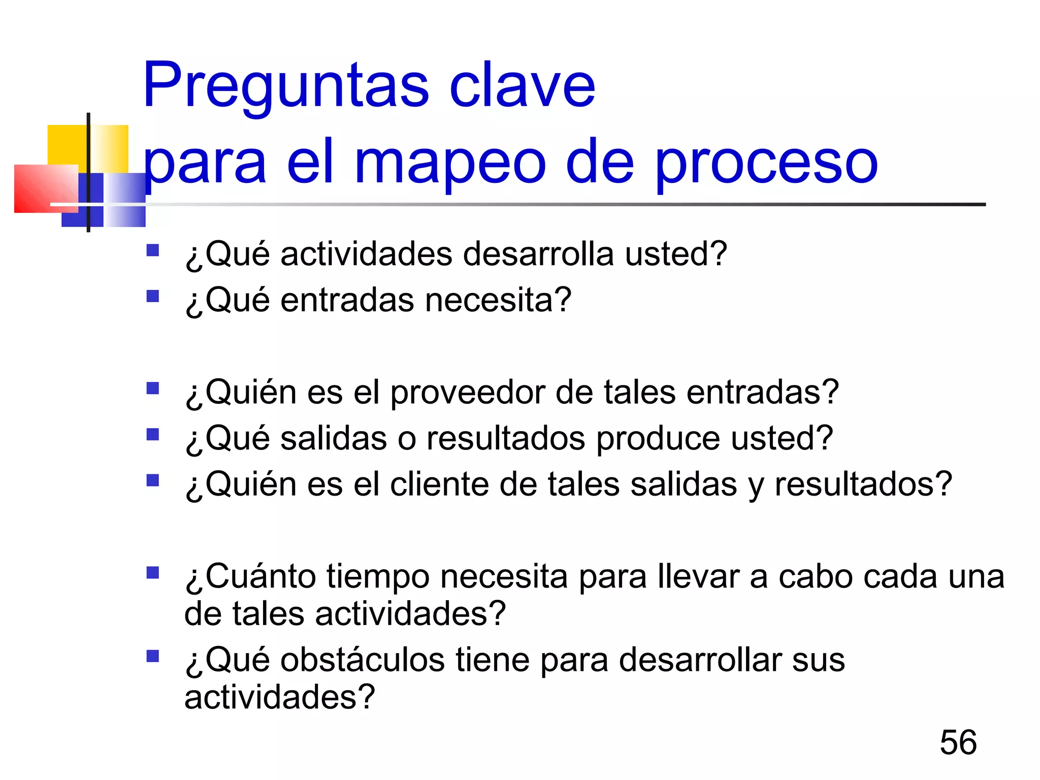 56
Preguntas clave
para el mapeo de proceso
 ¿Qué actividades desarrolla usted?
 ¿Qué entradas necesita?
 ¿Quién es el proveedor de tales entradas?
 ¿Qué salidas o resultados produce usted?
 ¿Quién es el cliente de tales salidas y resultados?
 ¿Cuánto tiempo necesita para llevar a cabo cada una
de tales actividades?
 ¿Qué obstáculos tiene para desarrollar sus
actividades?
 