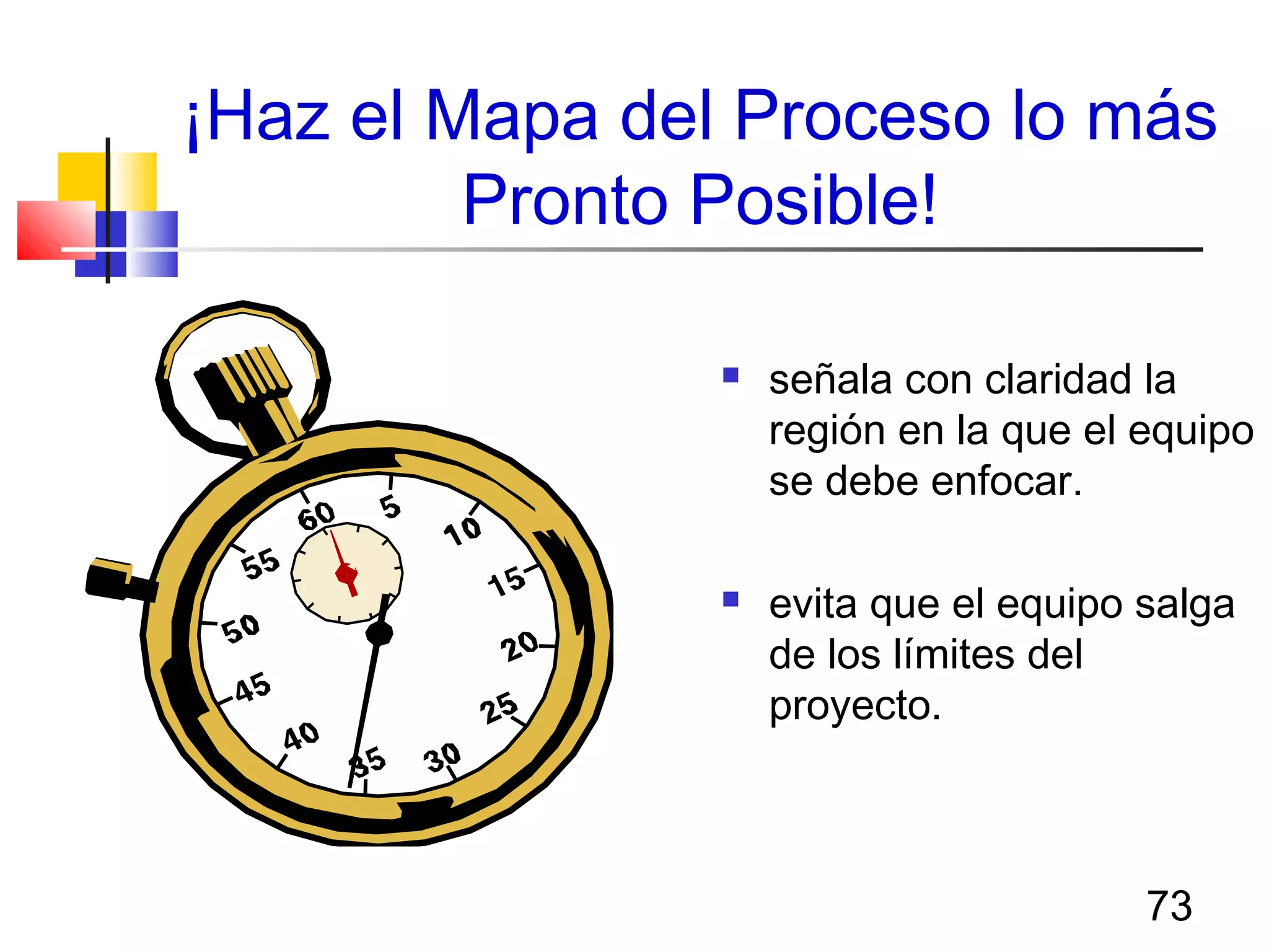 73
¡Haz el Mapa del Proceso lo más
Pronto Posible!
 señala con claridad la
región en la que el equipo
se debe enfocar.
 evita que el equipo salga
de los límites del
proyecto.
El mapa de un proceso...
 