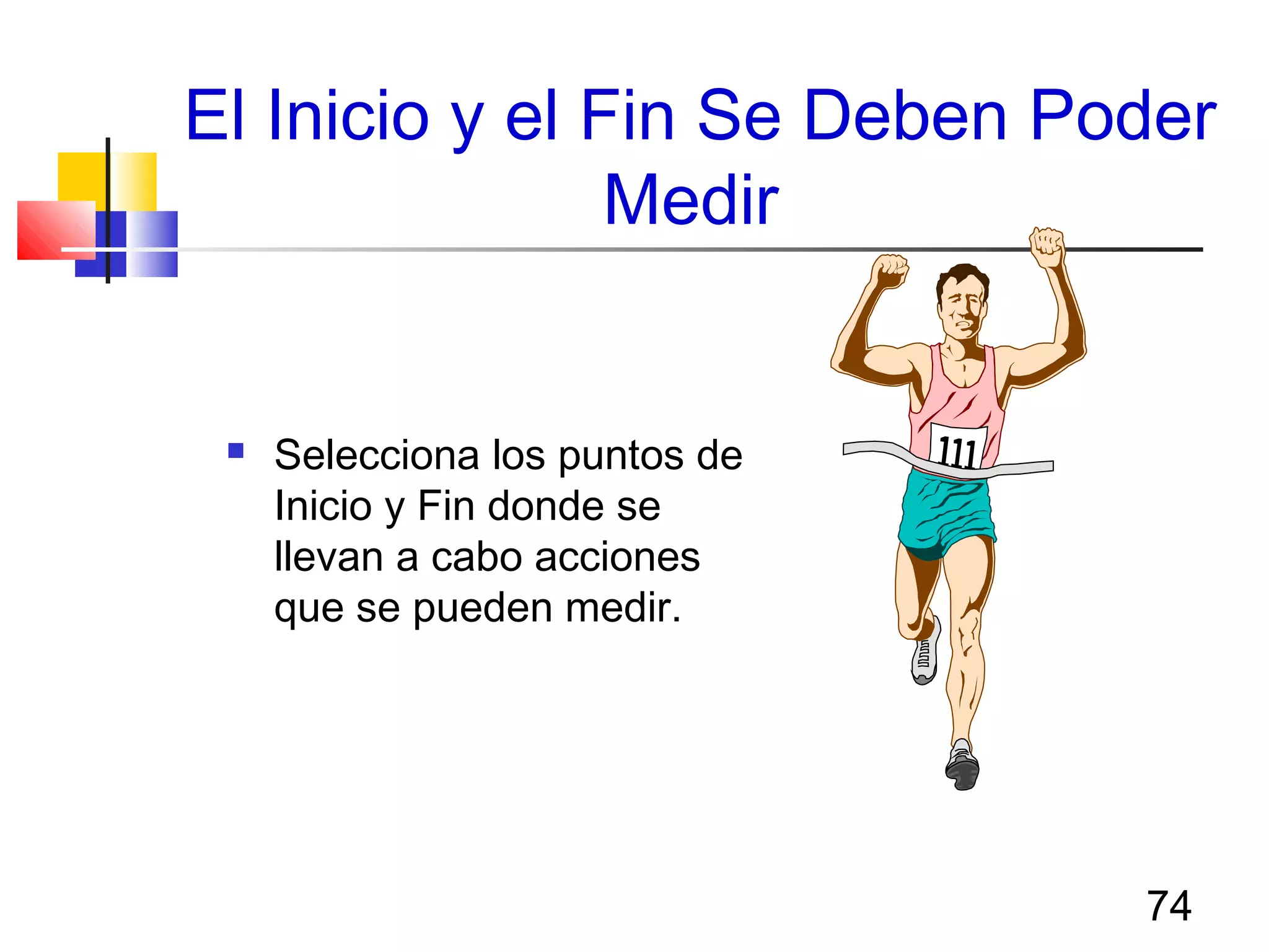 74
El Inicio y el Fin Se Deben Poder
Medir
 Selecciona los puntos de
Inicio y Fin donde se
llevan a cabo acciones
que se pueden medir.
 