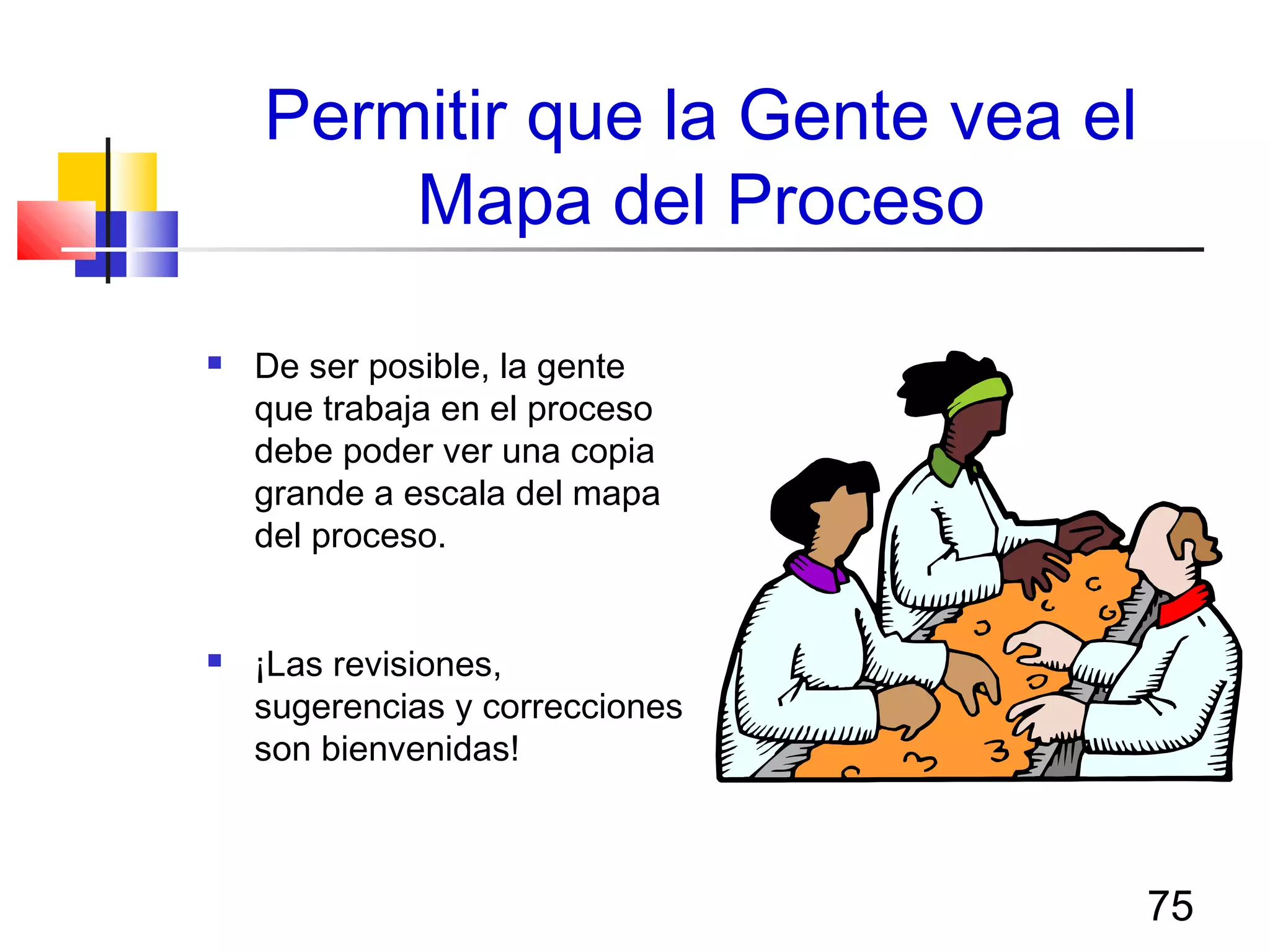 75
Permitir que la Gente vea el
Mapa del Proceso
 De ser posible, la gente
que trabaja en el proceso
debe poder ver una copia
grande a escala del mapa
del proceso.
 ¡Las revisiones,
sugerencias y correcciones
son bienvenidas!
 