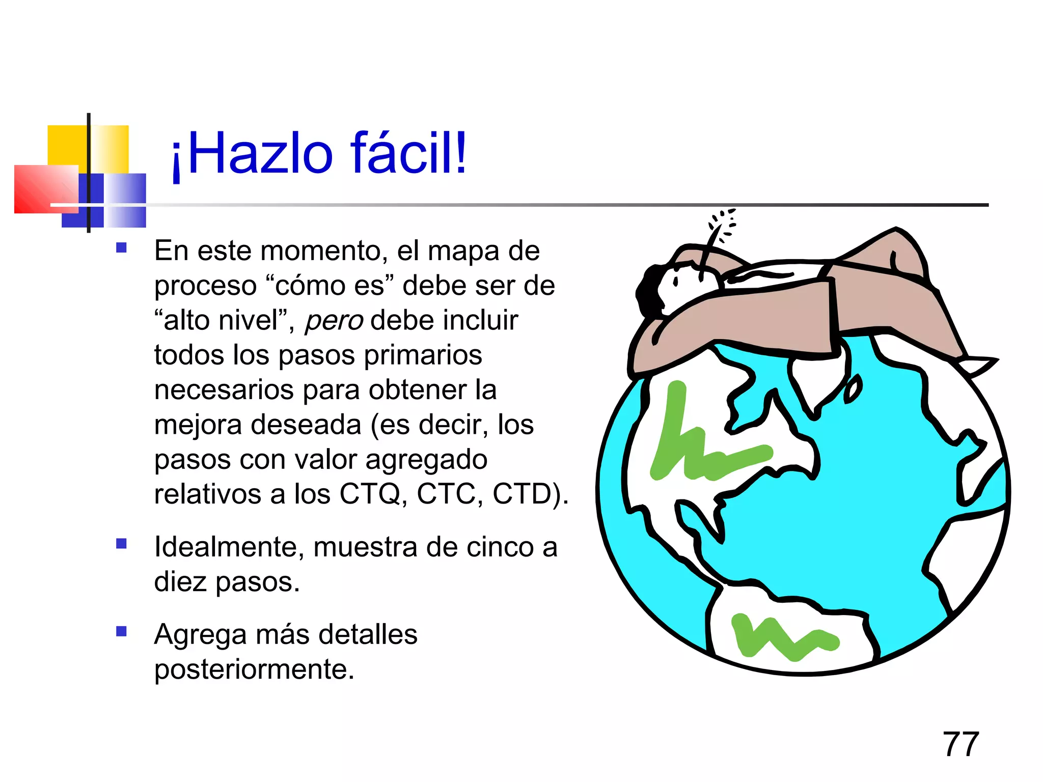 77
¡Hazlo fácil!
 En este momento, el mapa de
proceso “cómo es” debe ser de
“alto nivel”, pero debe incluir
todos los pasos primarios
necesarios para obtener la
mejora deseada (es decir, los
pasos con valor agregado
relativos a los CTQ, CTC, CTD).
 Idealmente, muestra de cinco a
diez pasos.
 Agrega más detalles
posteriormente.
 