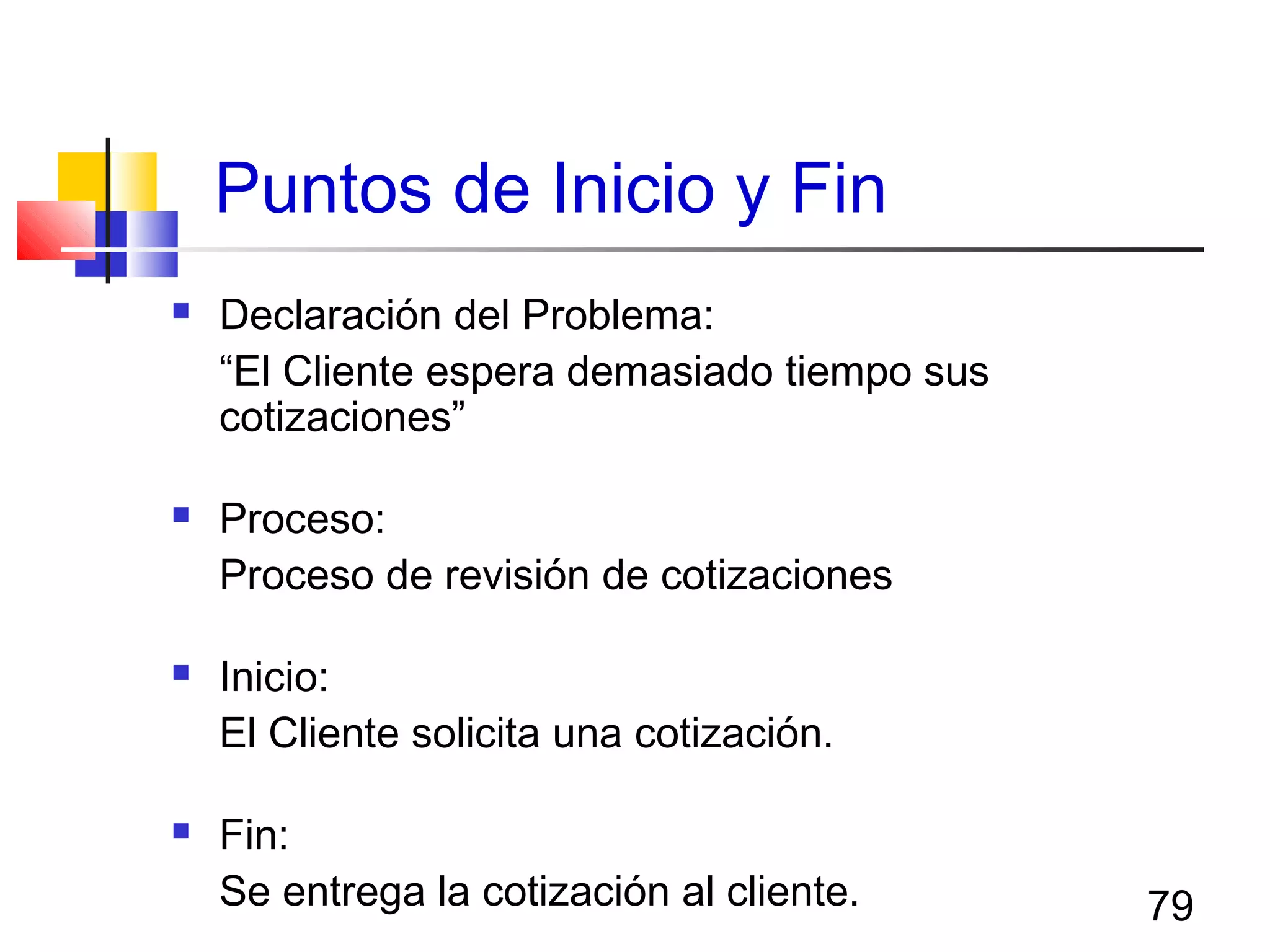 79
Puntos de Inicio y Fin
 Declaración del Problema:
“El Cliente espera demasiado tiempo sus
cotizaciones”
 Proceso:
Proceso de revisión de cotizaciones
 Inicio:
El Cliente solicita una cotización.
 Fin:
Se entrega la cotización al cliente.
 