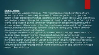 Gemba Kaizen
Dalam bukunya, Masaaki Imai (Imai, 1999), menjelaskan gemba berarti tempat yang
sebenarnya – tempat dimana kejadian terjadi. Dalam pengertian umum, gemba
berarti tempat dilaksanakannya tiga kegiatan utama ini. Dalam konteks yang lebih khusus,
seringkali gemba berarti tempat di mana produk atau jasa layanan dibuat.Dua kegiatan
utama yang terjadi di gemba sehari-hari yang berkaitan dengan manajemen sumber
daya adalah pemeliharaan dan kaizen. Yang pertama adalah merujuk pada kegiatan
mematuhi standar dan menjaga keadaan yang ada, sedang yang terakhir berkaitan
dengan meningkatkan standar tersebut.
Manajer gemba melakukan fungsi kesatu dan kedua dari dua fungsi tersebut dan QCD
(kualitas, biaya, dan penyerahan) merupakan hasilnya. Bangunan Gemba
menggambarkan pandangan global dari kegiatan-kegiatan yang terjadi di gemba guna
mencapai sasaran QCD tersebut. Sebuah perusahaan yang memproduksi produk atau
jasa layanan berkualitas dengan harga yang wajar dan menyerahkannya kepada
konsumen pada saat yang tepat akan memberikan kepuasan bagi konsumen sehingga
mereka akan selalu loyal
 