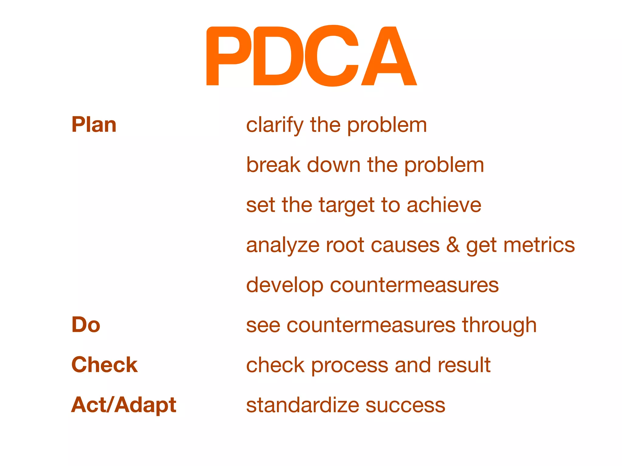 PDCA 
Plan clarify the problem 
break down the problem 
set the target to achieve 
analyze root causes & get metrics 
develop countermeasures 
see countermeasures through 
check process and result 
standardize success 
Do 
Check 
Act/Adapt 
 
