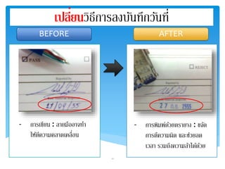 เปลี่ยนวิธีการลงบันทึกวนัที่ 
BEFORE AFTER 
14 
- การเขียน : ลายมืออาจทา 
ใหตี้ความคลาดเคลื่อน 
- การพิมพ์ดว้ยตรายาง : ขจัด 
การตีความผิด และช่วยลด 
เวลา รวมถึงความล้าไดด้ว้ย 
 